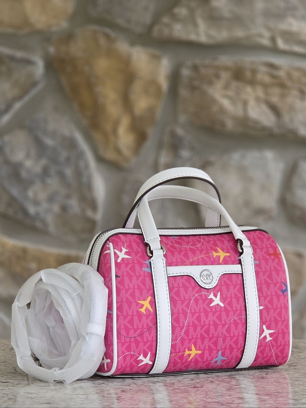 Michael Kors Small Airplane Logo Pink Duffle Crossbody
